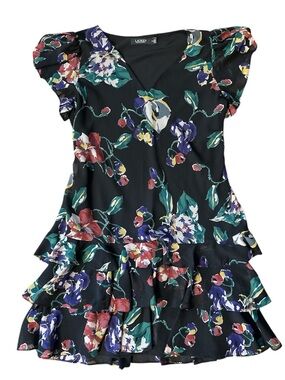 Lauren Ralph Lauren Black Floral Ruffle Dress.  Size 12. 44” Bust 39” Length